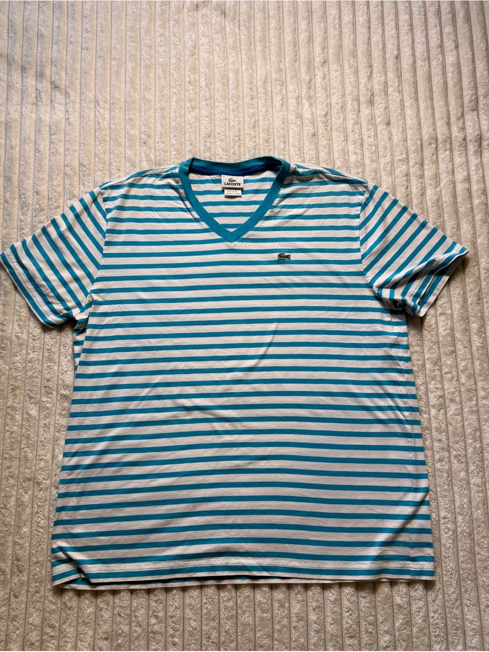 Lacoste Men's Blue White Striped Cotton Knit V-Neck Logo T-Shirt Size S